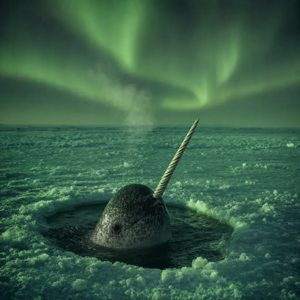 The narwhal's head and tusk poking up through a round breathing hole in snowy sea ice, lit green